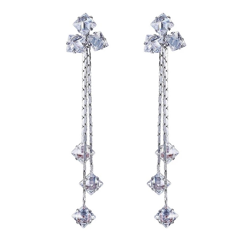 14k Gold Princess Cut Diamonds Long Chain Earrings Sterling Silver